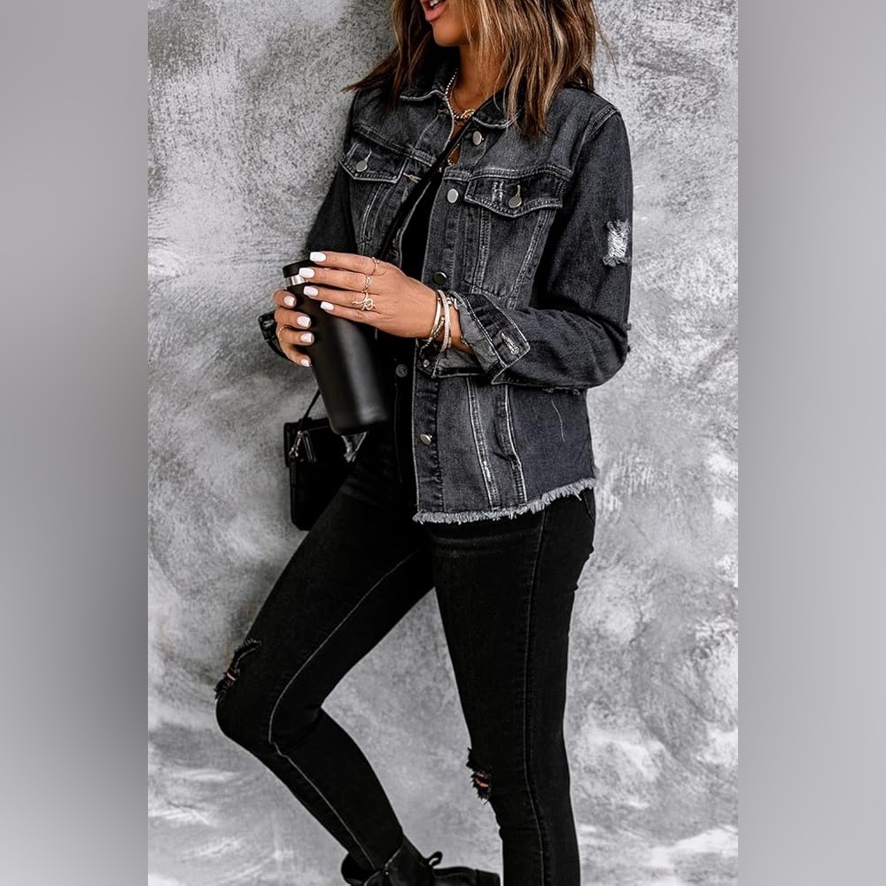 Classic Black Jean Denim Jacket Basic Long Sleeve Button Down Distressed Sz M - Picture 4 of 10